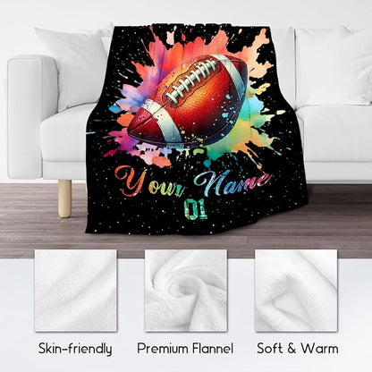 Personalized Football Blanket, Custom Football Gifts for Boys Men Adults, Flannel Throw Blankets for Team Player, Sport Theme Throws Boys Room Decor for Bed Living Room (Colorful, 60x80 Inch)