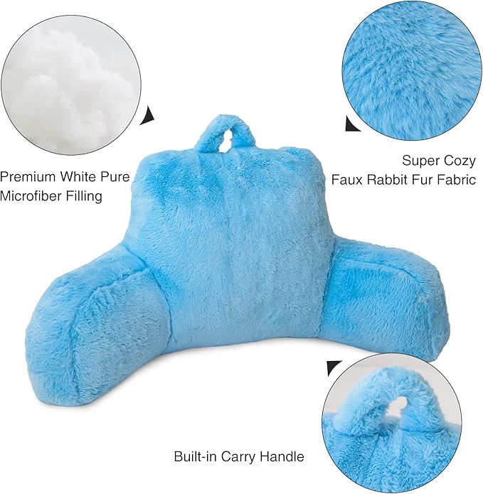 Aimuan Reading Pillow Bed Rest Pillow with Arms Rabbit Fur Cushion for Adults Teens Incline Rest Sitting up & Sleeping Snoring Pillow with Pregnancy Lumbar Back Support (Standard, Blue)