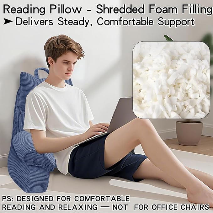 RRPAHWTV Reading Pillow for Bed with High Arm Rests ,Back Support Pillow for Sitting Up in Bed with Shredded Memory Foam for Reading, TV, Gaming or Relaxing on Floor（Dark Blue, Large）