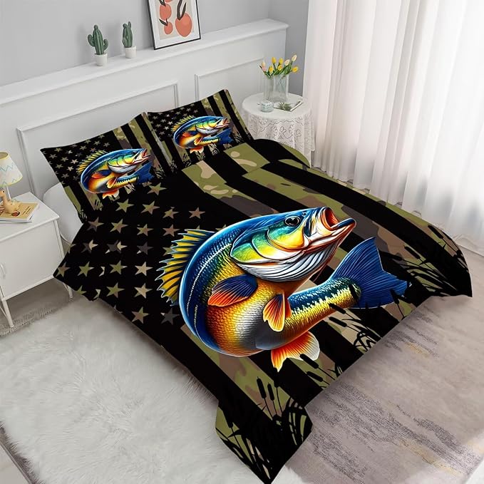 Bass Fish Comforter Set Twin Size Camouflage Fisherman Bedding Set for Men Boys Teens Green Fishing Lover Bedroom Farmhouse Bed Set Wild Quilted,1 Comforter 1 Pillowcase