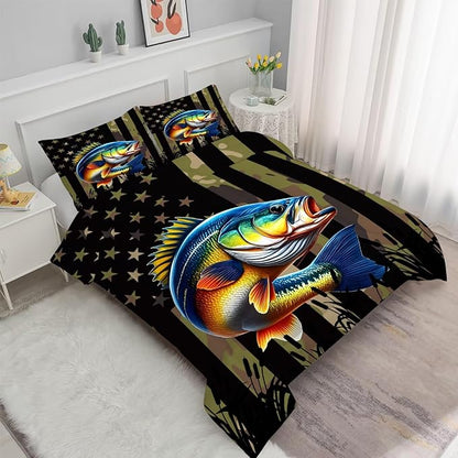 Bass Fish Comforter Set King Size American Flag Bedding Set for Men Boys Teens Green Fishing Lover Bedroom Camouflage Farmhouse Bed Set Wild Quilted, 1 Comforter 2 Pillowcases