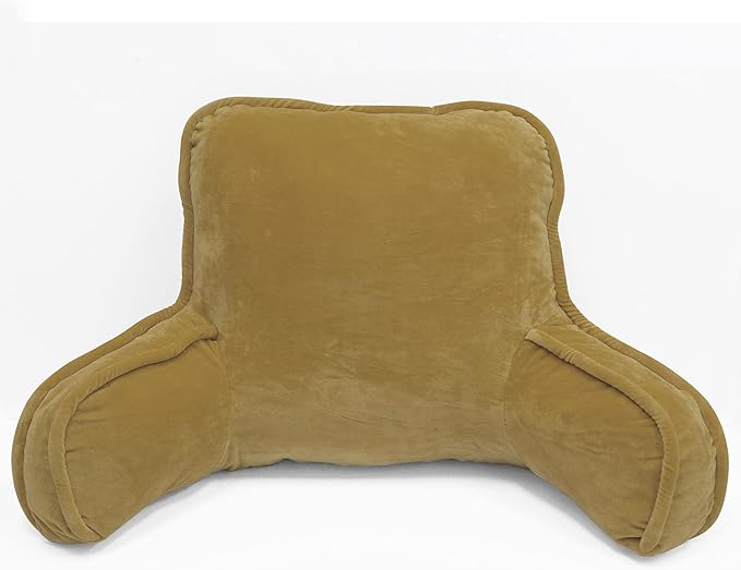 Super Soft Velvety Backrest Reading Bed Rest Pillow with Arms and Pockets 18" H for Sitting in Bed Couch Sofa, Back Support Wedge Cushion with Removable Cover, 20" x 18" x17", Brown