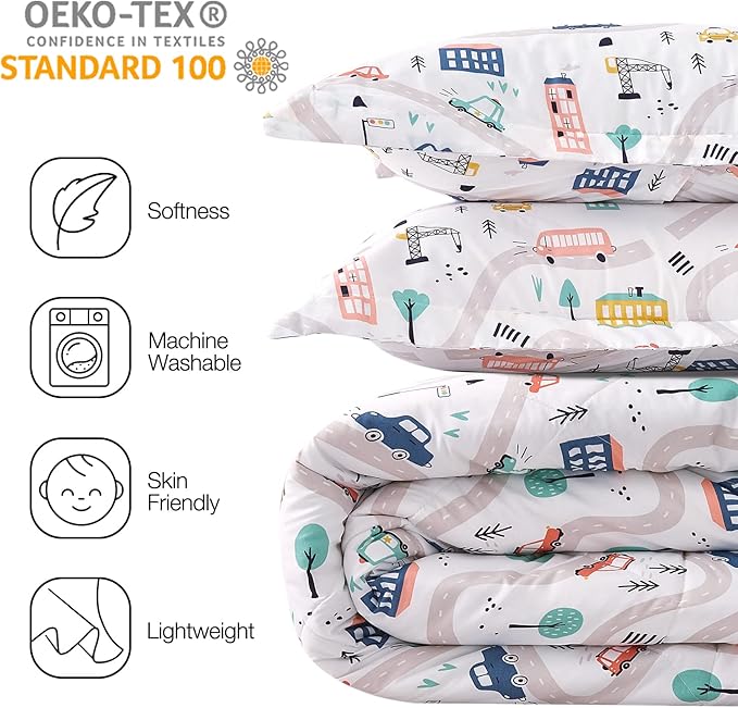 JSD Car Kids Comforter Set Queen Size, 3 Piece Microfiber Comforter with Pillow Sham, Machine Washable