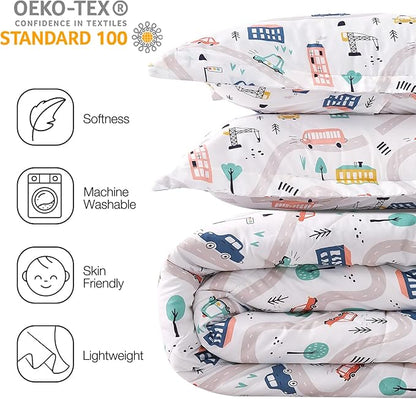JSD Car Kids Comforter Set Twin Size, 2 Piece Printed Microfiber Comforter with Pillow Sham, Lightweight All Season Washable