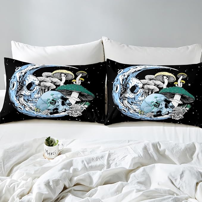Mushroom and Moon Duvet Cover Set King Size,Gothic Skull Stars Space Comforter Cover with 2 Pillowcases,Mystical Galaxy Skeleton Plant Modern Bedding Set for Adult Young Bedroom Xmas Gift