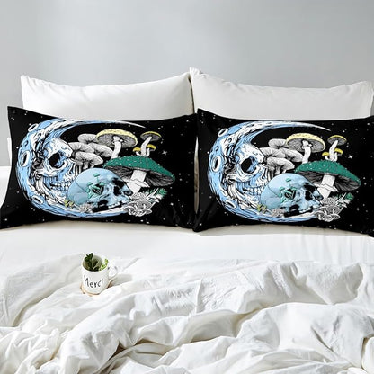 Mushroom and Moon Bedding Set Queen Size,Gothic Skull Stars Space Duvet Cover Set for Children Bedroom Present, Mystical Galaxy Skeleton Plant Microfiber Comforter Cover with 2 Pillowcases