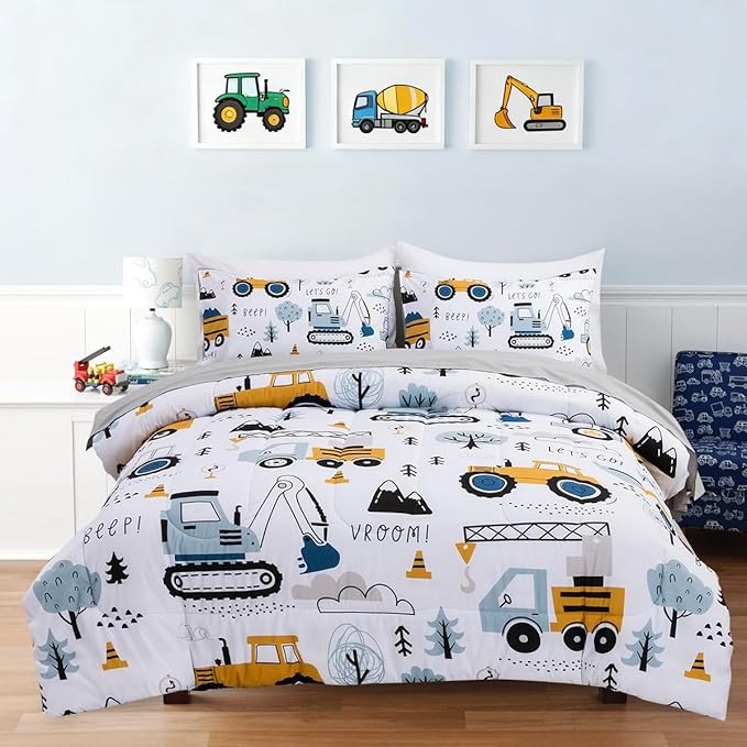Holawakaka Trucks Tractors Cars Boys 5-Piece Bedding Comforter Sheet Set,Full Size Cartoon Construction Car Excavator Print Kids Bed in A Bag, Excavator Mixer Truck Printed Bed Sets (White Full)