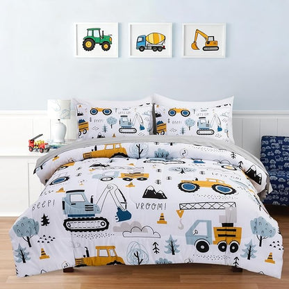 Holawakaka Trucks Tractors Cars Boys 5-Piece Bedding Comforter Sheet Set,Full Size Cartoon Construction Car Excavator Print Kids Bed in A Bag, Excavator Mixer Truck Printed Bed Sets (White Full)