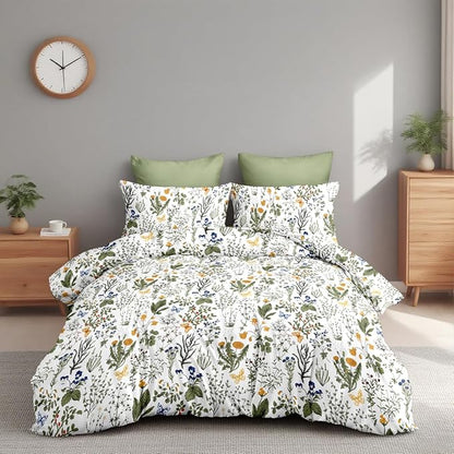 Floral Duvet Cover King Size Green Floral Botanical Bedding Set with Yellow Flower Kids Boys Girls Vintage Garden Style Fall Reversible Soft Breathable Microfiber Duvet Cover Set, 3 Pieces