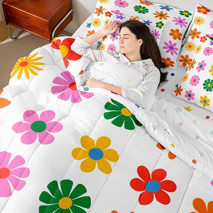 Feelyou Cute Flower 7 Piece Bedding Set King Size Colorful Flower Comforter Set with Sheets for Kids Boys Girls White Colorful Bed in a Bag Kawaii Theme Bed Set