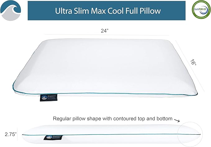 Bluewave Bedding Ultra Slim Max Cool CarbonBlue Gel Memory Foam Pillow for Stomach and Back Sleepers - Thin, Flat Design with Advanced Cooling (2.75-Inch Height, Standard Size)