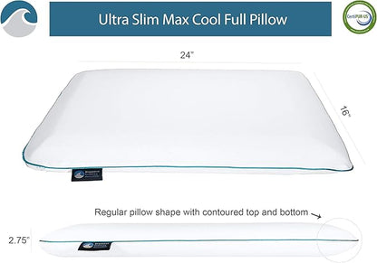 Bluewave Bedding Ultra Slim Max Cool CarbonBlue Gel Memory Foam Pillow for Stomach and Back Sleepers - Thin, Flat Design with Advanced Cooling (2.75-Inch Height, Standard Size)