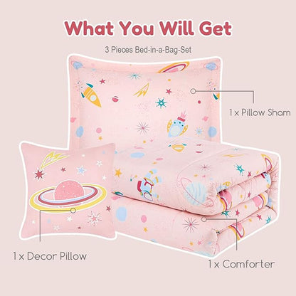 Twin Comforter Set for Girls-3 Pieces Space Glow in The Dark Twin Bedding Sets for Kids,1 Comforter,1 Sham and 1 Decor Pillow