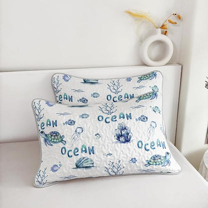 Queen Quilt Bedding Set 3 Pieces,Sea Turtle Shell Coral Pattern Bed Sets for Room Coastal Decor,Ocean Themed Bedding Summer Quilt with 2 Pillowcases.
