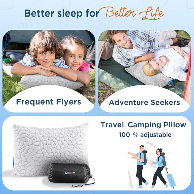 SUPA MODERN Cooling Bed Pillows for Sleeping 1 Pack Small Shredded Memory Foam Pillow Camping Travel Pillow - Compressible Medium Firm, Breathable Cover, ldeal Backpacking Hiking, Airplane and Car
