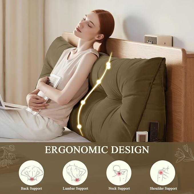 Headboard Pillow Queen, Large Triangular Wedge Headboard Pillow for Reading and Resting, Backrest Positioning Support Pillow with Removable Cover (Brown)