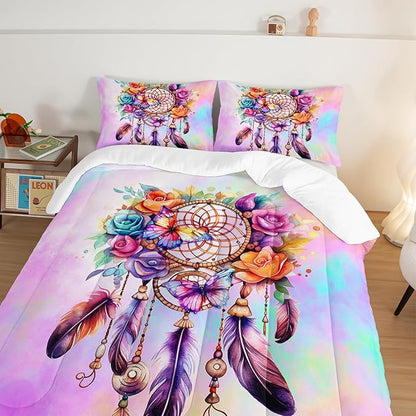 Pink Dream Catcher Comforter Set for Kids Teens Girls Room Decor,Feather Floral Comforter Queen Size,Boho Style Butterfly Print Bedding Comforter Set with 2 Pillowcases.