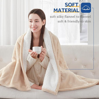 SEALY Electric Blanket King Size, Flannel & Sherpa Heated Blanket with 10 Heating Levels & 1-12 Hours Auto Shut Off, Fast Heating Warming Blanket, Machine Washable, Beige, 100 x 90 Inch