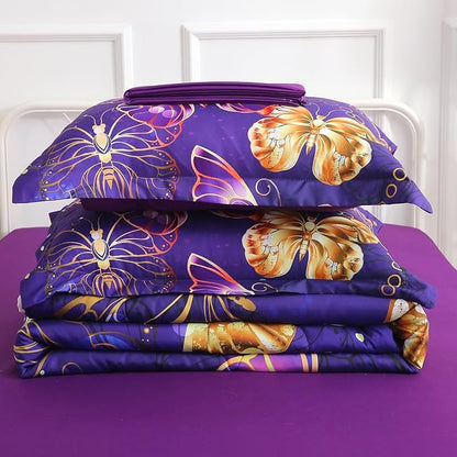 7 Piece Butterflies Comforter Set Queen Size 3D Gold Violet Butterflies Bedding Set for Kids Girls Women for Birthday Christmas Gift