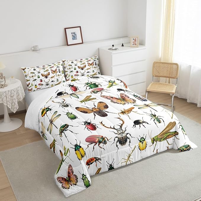 3D Insects Duvet Cover Full,Ladybug Moth Beetle Comforter Cover 3Pcs for Kids Teens Woman Men Room Decor,Dragonfly Wildlife Bedding Sets Reptile Entomology Theme Quilt Cover,2 Pillowcases