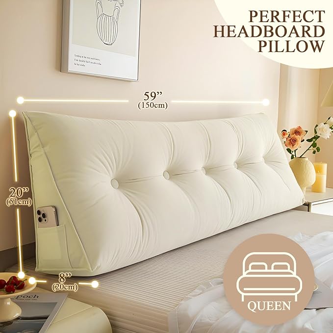 Headboard Pillow Queen, Large Triangular Wedge Headboard Pillow for Reading and Resting, Backrest Positioning Support Pillow with Removable Cover (Beige)