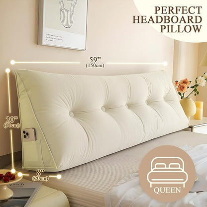 Headboard Pillow Queen, Large Triangular Wedge Headboard Pillow for Reading and Resting, Backrest Positioning Support Pillow with Removable Cover (Beige)