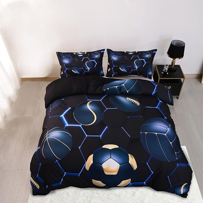 CVHOUSE Football Comforter Set Cover Full Size,Honeycomb Basketball Bedding Set for Boys Teens,Geometric Lightweight Baseball Duvet Cover Set Soft,3 Pieces,Boys Sport Theme Room Decor,Full 79'x89'