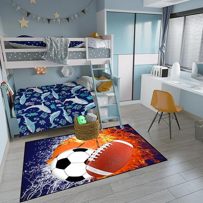Sports Rugs for Boys Bedroom - Football & Soccer, Baseball,Basketball Rug for Boys Bedroom Sports Themed Water Flame Design Kids Carpet for Playroom Living Room Floor Mats, 4.5x6 Feet