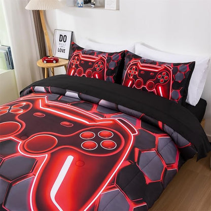 NTBED 3D Gaming Comforter Set for Boys Kids Teens,5pcs Gamer Bedding Sets with Sheet,Game Console Bed in a Bag (Red, Full)