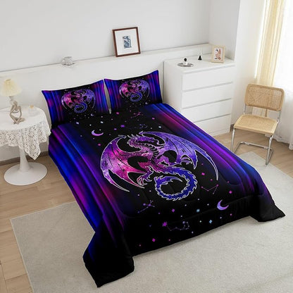 Feelyou Dragon Comforter Set Gradient Ombre Teens Women Bedding Set for Kids Boys Girls Galaxy Dragon Decor Comforter Exotic Trippy Quilt Set 3Pcs Queen Size