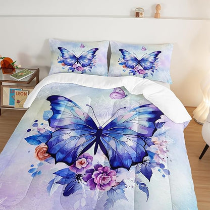 HOSIMA Floral Purple Butterfly Comforter-Soft Microfiber,Fantasy Butterfly Aesthetics Full Size Bed in a Bag for Kids Girls Teens Women,Mandala Preppy Bedding 3Piece with 2 Pillow Shams.