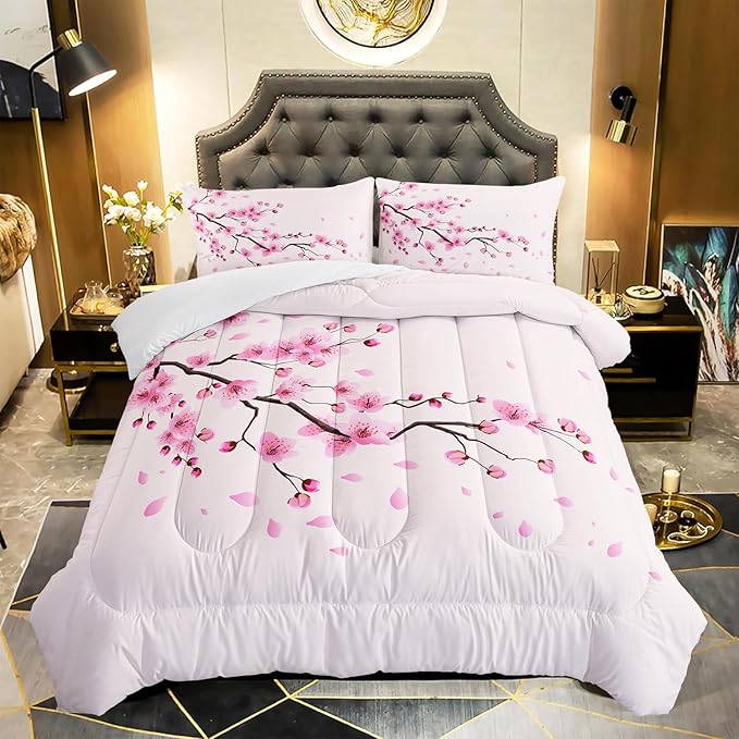 Cherry Blossoms Comforter Set Twin Size 3Pcs Romantic Theme Pink Bedding Set Girl Floral Down Quilt with 1 Comforter and 2 Pillowcases