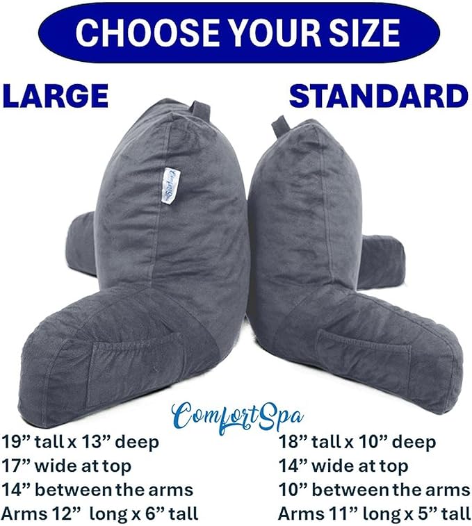 ComfortSpa Reading Pillow for Kids Teens Adult, Back Rest Pillow with Arms, Pockets, Washable Cover; Use as a Back Pillow for Bed Sitting Up for Bedrest or Relief from GERD Heartburn (Standard Grey)