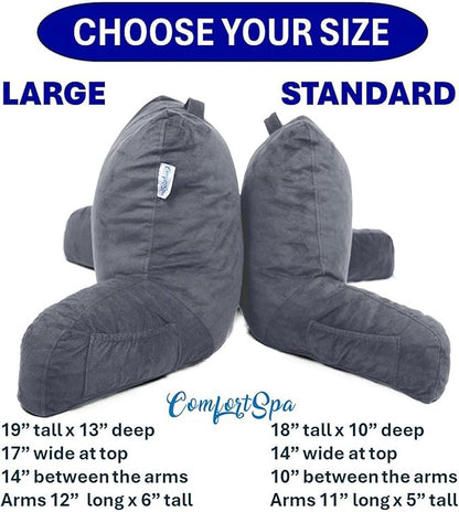 ComfortSpa Reading Pillow for Kids Teens Adult, Back Rest Pillow with Arms, Pockets, Washable Cover; Use as a Back Pillow for Bed Sitting Up for Bedrest or Relief from GERD Heartburn (Standard Grey)