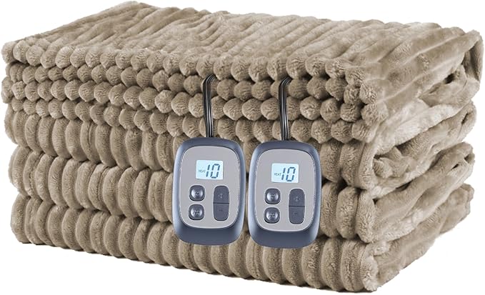 Heated Electric Blanket Queen Size 84''x90'', Dual Controller Soft Flannel with 10 Heat Settings 1-12 Hour Auto Off Large Blanket for Bed - Light Brown
