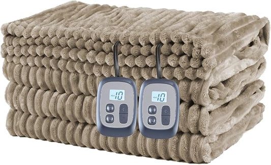Heated Electric Blanket Queen Size 84''x90'', Dual Controller Soft Flannel with 10 Heat Settings 1-12 Hour Auto Off Large Blanket for Bed - Light Brown