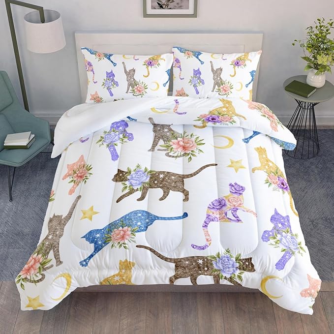 Flowers Cat Bedding Queen Cartoon Stars Moon Comforter 3 Pieces Colored Cute Cats Comforter Set for Teens Kids Boys Girls Adults Kawaii Cat Quilt with 1 Comforter and 2 Pillowcases