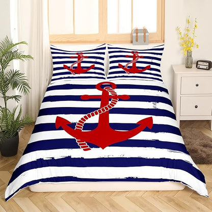 Nautical Anchor Duvet Cover Set Twin,Geometric Stripes Comforter Cover Ocean Adventure Theme Quilt Cover Navy Blue and Red Bedding Set 2pcs for Kids Girls Teens Boys Room Decor with 1 Pillowcase