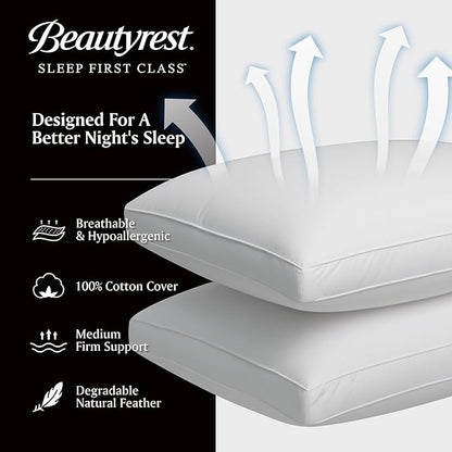 Beautyrest Goose Feather Down Fiber Gusseted Pillows, Hotel Pillow Luxury Bed Pillows, 100% Cotton Cover, Jumbo Size Set of 2