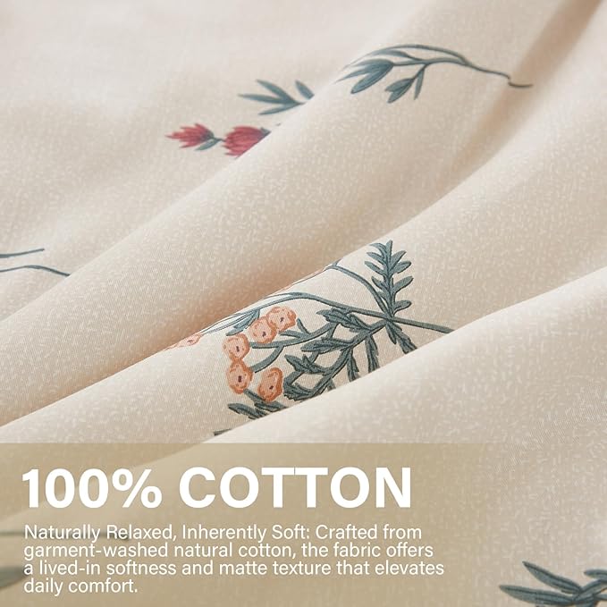Cream Duvet Cover Set King Size 100% Washed Cotton Linen Like Textured Comforter Cover 3 Pcs Luxury Soft and Breathable Floral Duvet Cover with Zipper Closure