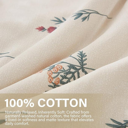 Cream Duvet Cover Set Twin Size 100% Washed Cotton Linen Like Textured Comforter Cover 2 Pcs Luxury Soft and Breathable Floral Duvet Cover with Zipper Closure