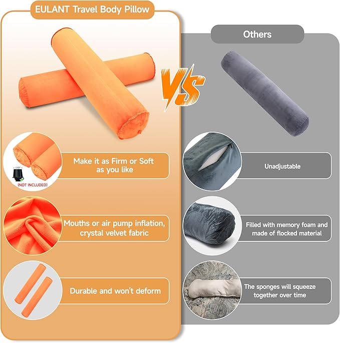 EULANT 2 Pack 35Inch Inflatable Long Bolster Body Pillow for Kids Teens,Body Pillow for Bed with Soft Velvet,Round Cervical Roll Cylinder Bolster Body Pillow for Hugging Sleeping,Back,Neck etc.