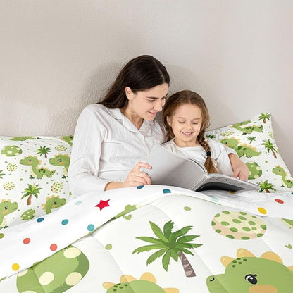 jejeloiu Cute Dinosaur Comforter Set All Season Cartoon Green Dinosaur Bedding Set with 1 Pillow Cases Animal Egg Microfiber Kids Twin Bedclothes Coconut Tree Bedroom Decor Duvet Quilt Soft