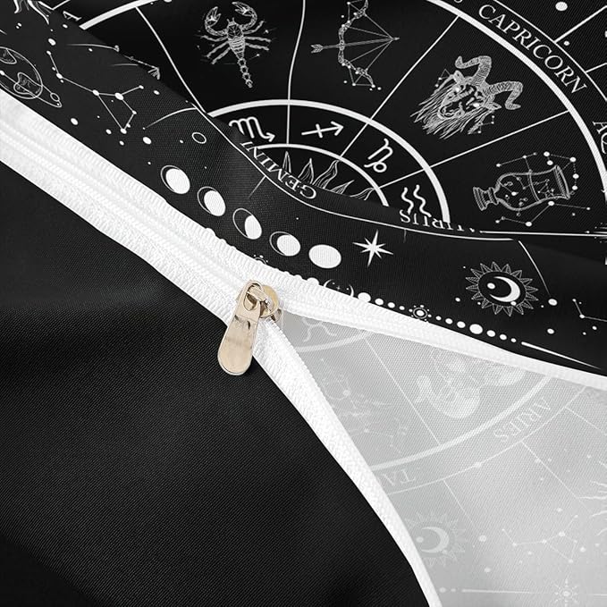 Sun Moon Bedding Set Twin Size,Starry Galaxy 12 Constellations Duvet Cover Set 2Pcs for Kids Boys Girls Teens Room Decor,Black White Exotic Comforter Cover Gothic Boho Quilt Cover,1 Pillowcase