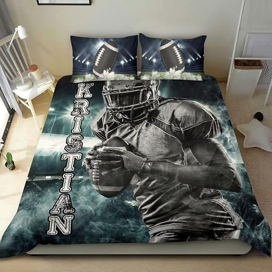 Personalized American Football Bedding Set, Kids 3 Piece Duvet Cover Set with Pillow Shams for Teens Boys, NO Comforter, Twin Size for Rugby Lovers (Football 02)