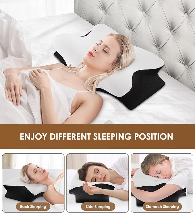 Cervical Neck Pillow for Pain Relief, Ergonomic Memory Foam Pillows for Sleeping with Washable Pillowcase & 2 Height Options, Cooling Contour Neck Support Pillow for Back Stomach Side Sleepers