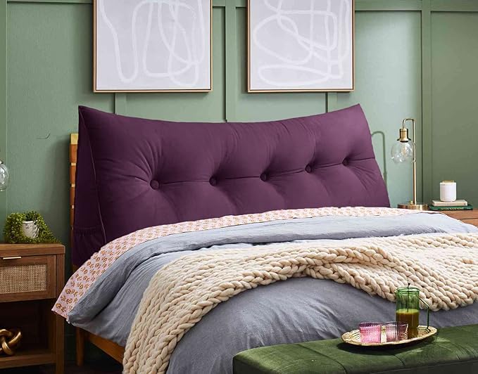 Triangular Reading Bed Rest Pillow Large Bolster Cushion Headboard Backrest Wedge Pillow with Removable Cover and Two Large Side Pockets (Dark Purple, Queen: 59 x 8 x 20 inches)