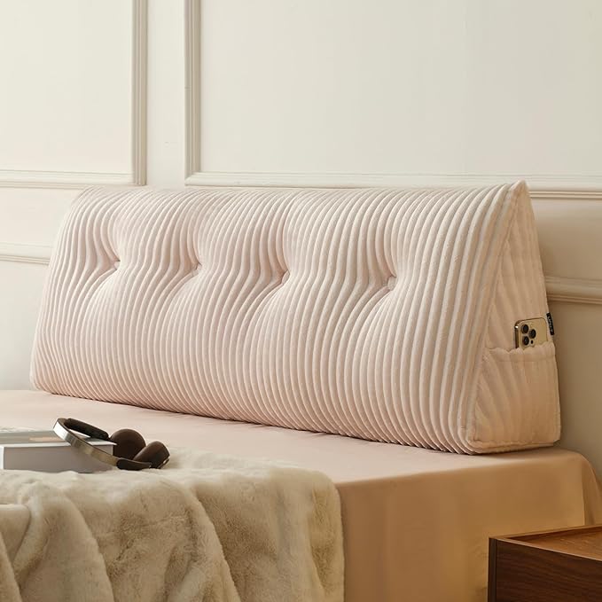 Z-hom Full Headboard Pillow, Triangular Wedge Reading Pillow for Bed or Sofa, Ergonomic Backrest Cushion for Sitting Up, Reading or Relaxing, with Side Pocket，Removable Washable Cover,Beige Cream