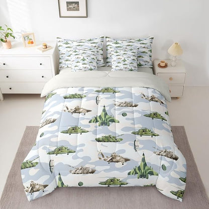 Feelyou Army Military 7 Piece Bedding Set Camouflage Print Comforter Set with Sheets for Kids Boys Girls Tank Aircraft Bed in a Bag Army Green Bed Set Soft Lightweight