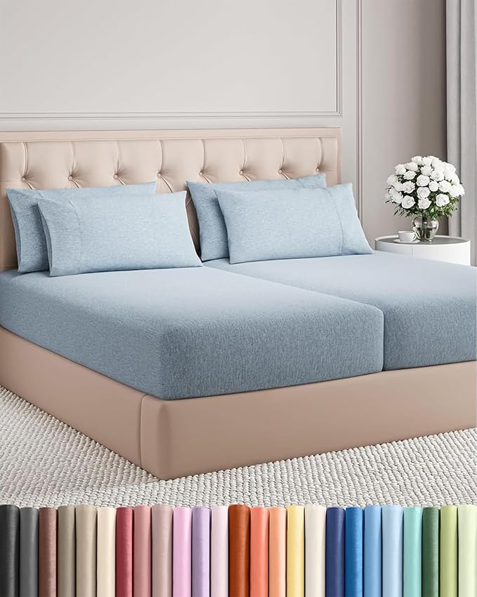Split King Sheets Set 7 Piece - Includes 4 Pillowcases - Bed Sheets Split King - Soft Hotel Luxury Bedding - Cooling & Breathable - 1 Flat & 2 Fitted & 4 Pillowcases w/ Deep Pockets - Heathered Blue